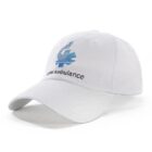 White baseball cap with a blue abstract design and the words Cater Ambulance embroidered on the front.