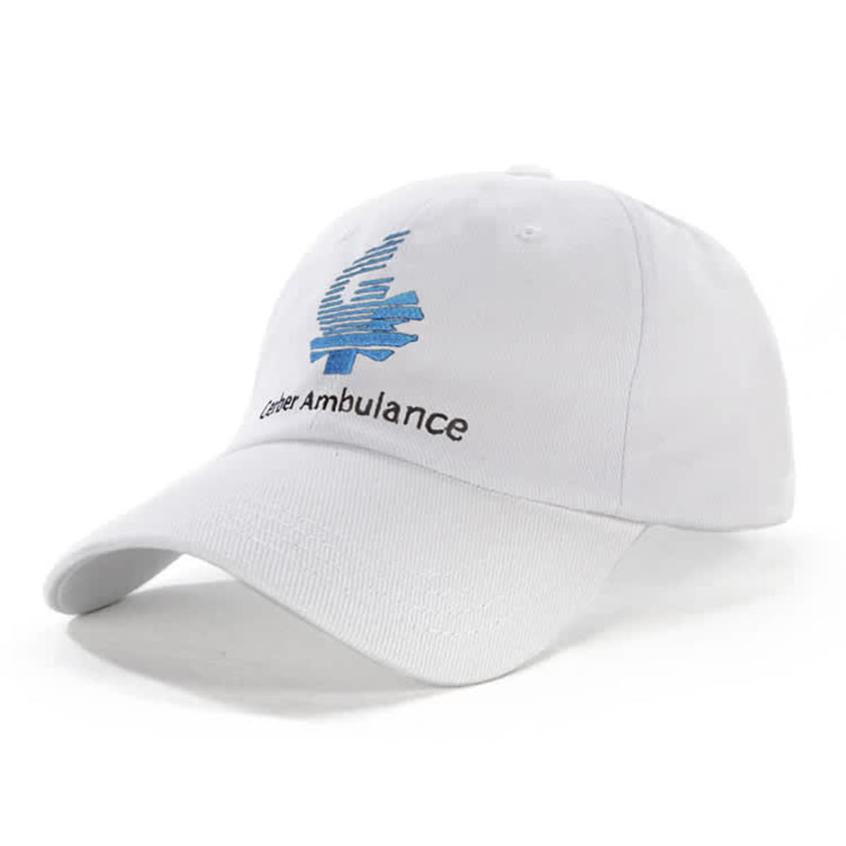 White baseball cap with a blue abstract design and the words Cater Ambulance embroidered on the front.