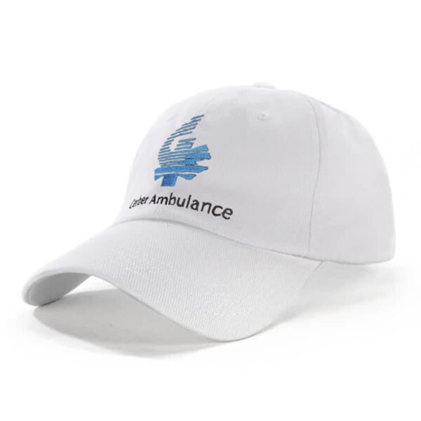 A white baseball cap featuring a blue abstract design and the text Carter Ambulance embroidered on the front.