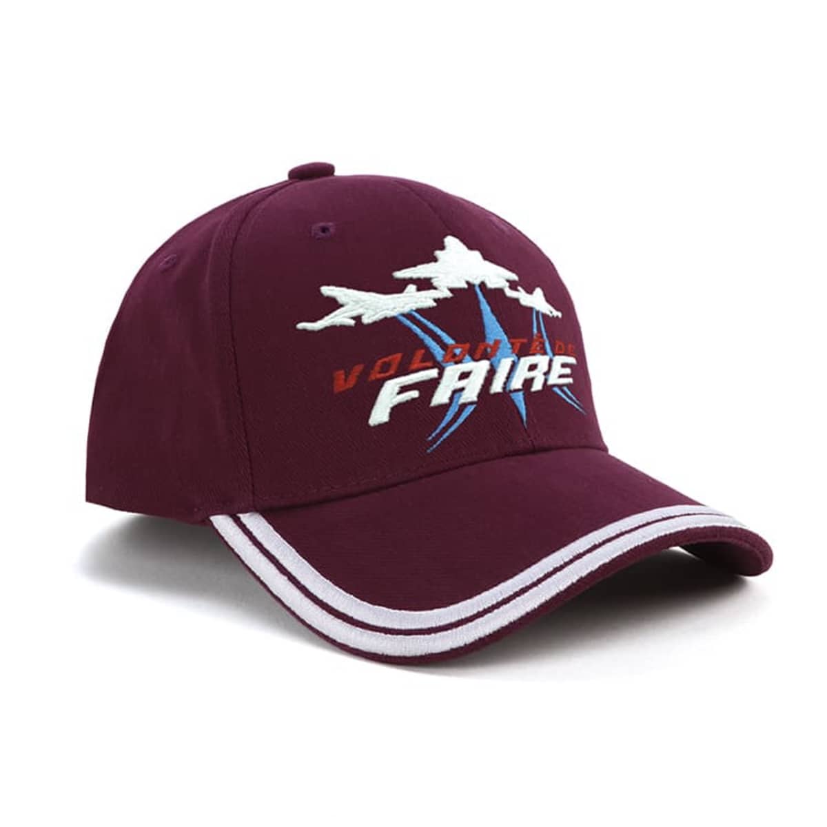 A maroon baseball cap with white embroidered jets and the words Volontaire Faire on the front. The cap features white stripes along the edge of the brim.