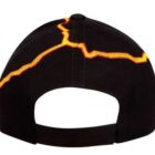 A black baseball cap is shown from the back, featuring a yellow and orange lightning bolt design extending from the top to the side. The cap has an adjustable strap at the bottom.