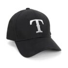 A black baseball cap with a white embroidered letter T on the front. The cap features a curved brim and an adjustable strap at the back. The design is simple and stylish.