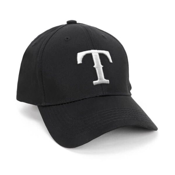 Black baseball cap with a white embroidered letter T on the front. The cap has a curved brim and traditional vent holes.