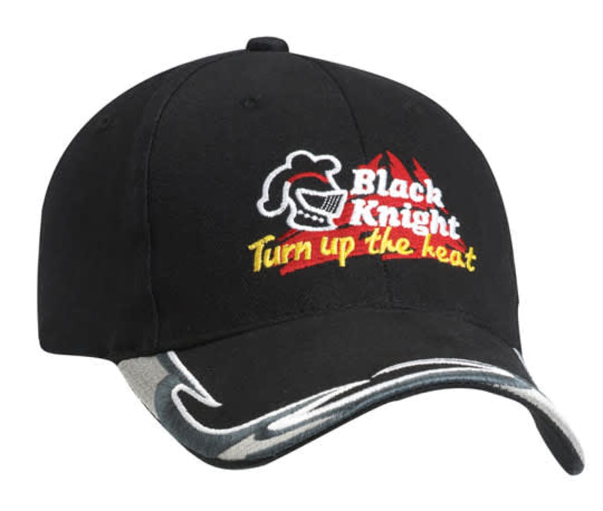 A black baseball cap with the text Black Knight and Turn up the heat embroidered in red and yellow. The front panel features a stylized knights helmet design, and the brim has a silver swirl accent.