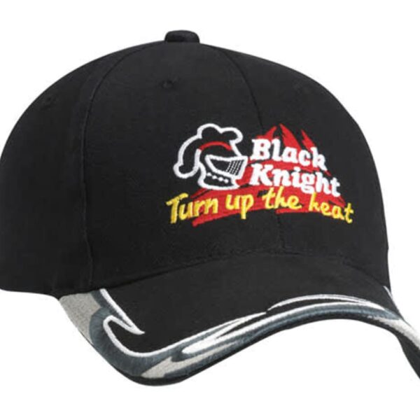 A black baseball cap featuring an embroidered logo with a stylized knight helmet and the text Black Knight in red and Turn up the heat in yellow. The brim has a curved silver and black design.