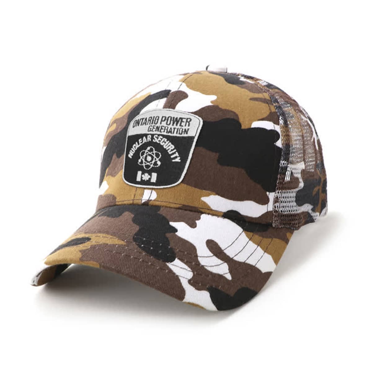 A camouflage baseball cap with a black and white patch on the front, featuring the text Ontario Power Generation and Nuclear Security along with a nuclear symbol and a small flag. The cap has a mesh back.