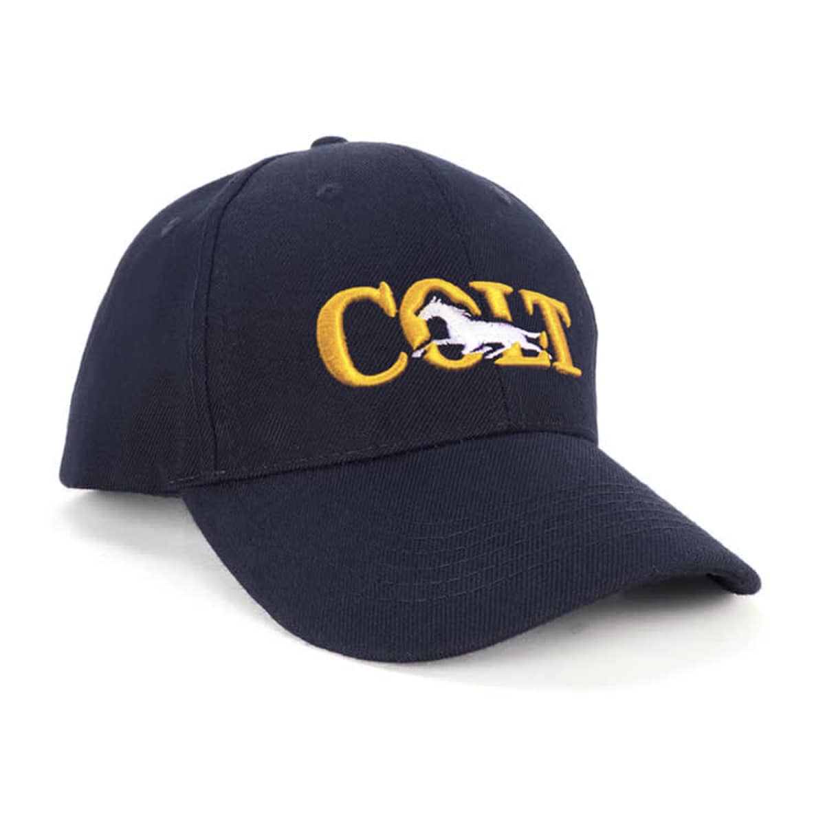 A navy blue baseball cap featuring the word COLT in yellow with an embroidered horse design, displayed at an angle.