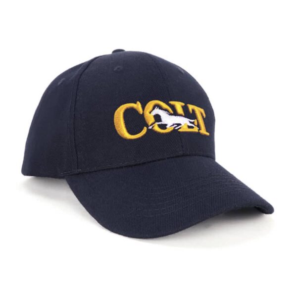 A dark blue baseball cap with the letters COLT embroidered in yellow on the front. A white design of a horse is incorporated into the letter O. The cap sits on a white surface.
