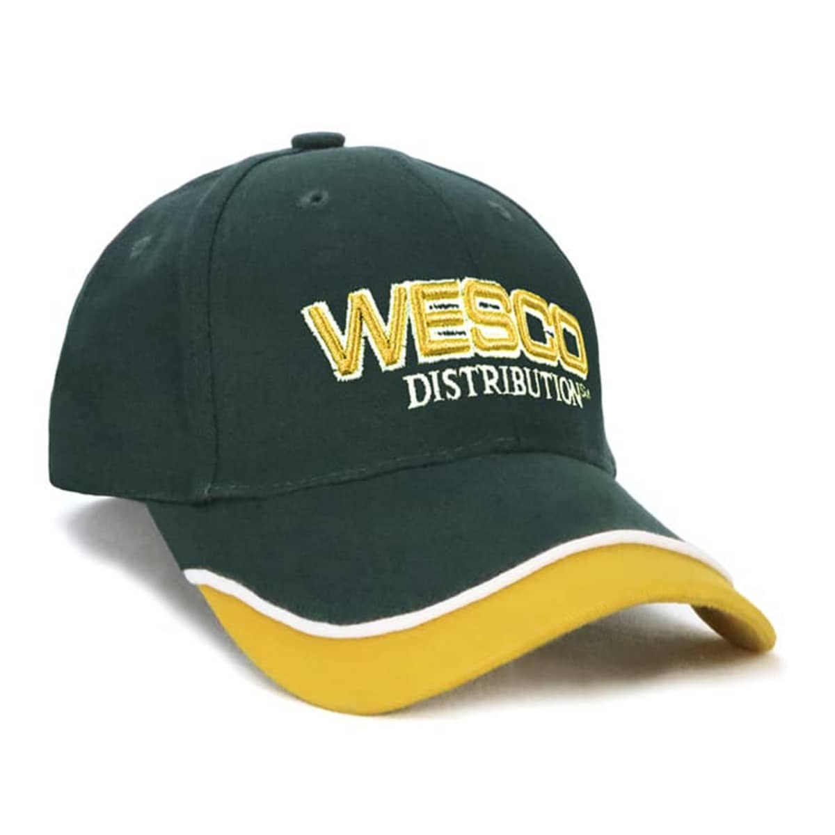A green baseball cap with WESCO DISTRIBUTION embroidered in yellow on the front. The cap features a curved yellow brim with a white trim.