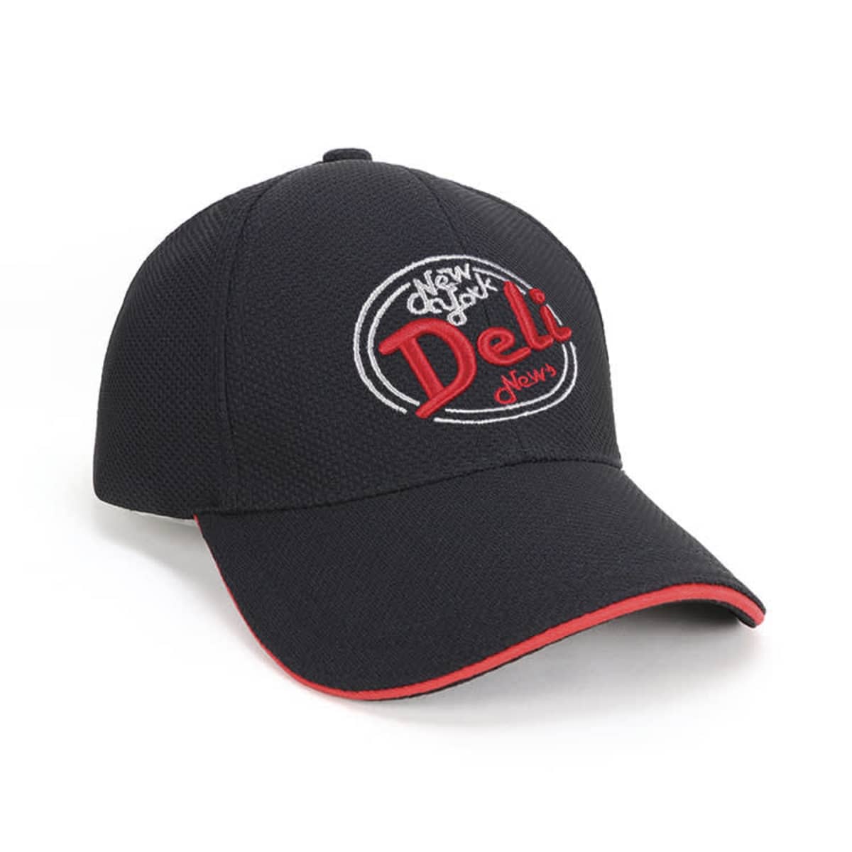 A black baseball cap with a red and white embroidered logo that reads New York Deli on the front. The brim has a red underside, providing a contrast with the rest of the cap.