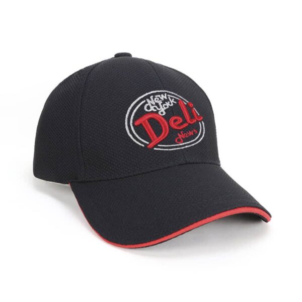 A black baseball cap with red trim on the brim. The front of the cap features an embroidered logo with the text New York Deli in red and white.