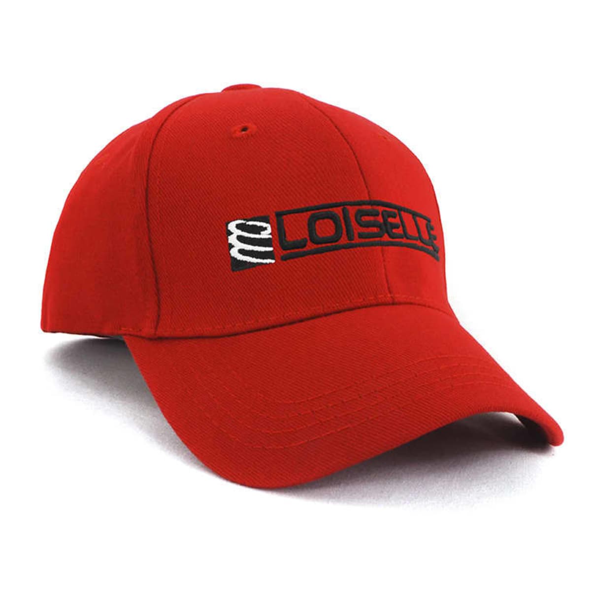 A red baseball cap with a curved brim. The cap features a black and white logo with the text LOISELLE in bold across the front.