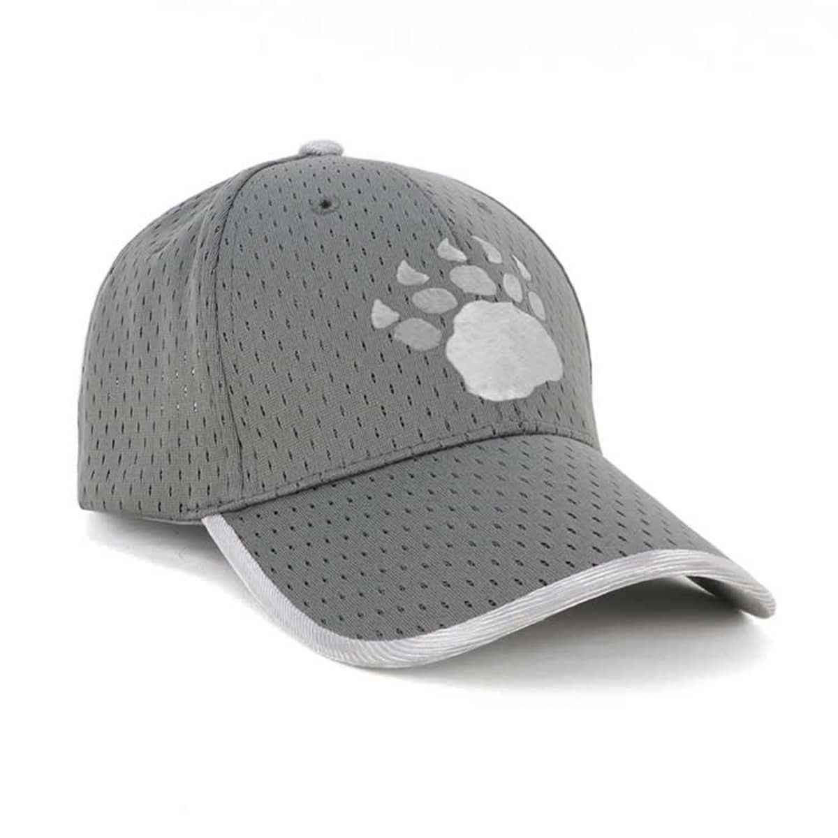 A gray mesh baseball cap featuring a white paw print design on the front. The cap has a curved brim with a light gray edge.