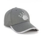 A gray baseball cap with a mesh texture featuring a white paw print design on the front. The cap has a curved brim with a light gray edge.