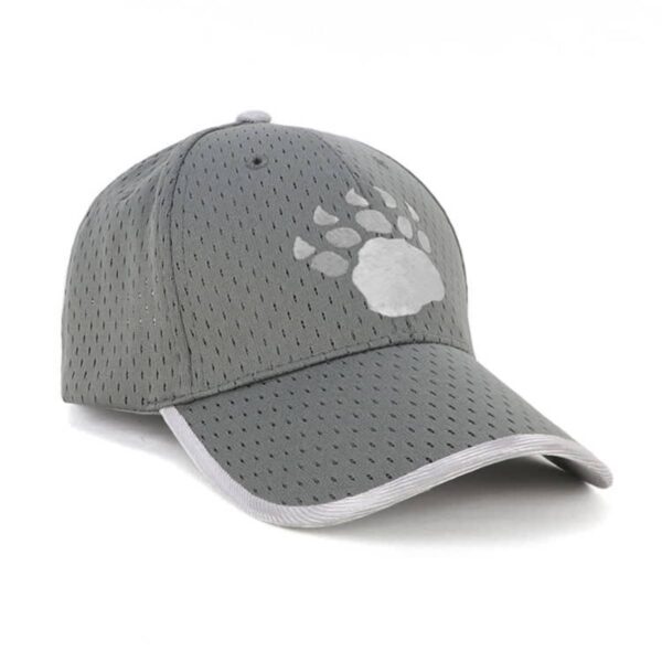 A gray baseball cap with a mesh texture featuring a white paw print design on the front. The cap has a curved brim with a light gray edge.