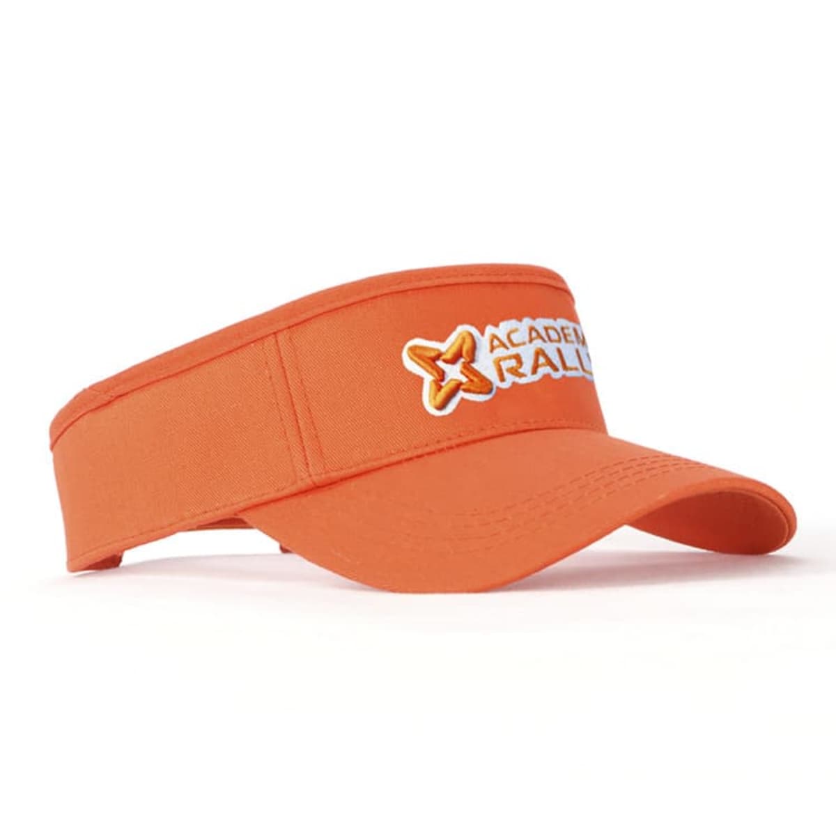 An orange sports visor with Academy Rally and a star logo embroidered on the front.