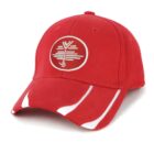 Red baseball cap with a circular white emblem on the front, featuring a stylized tree design.