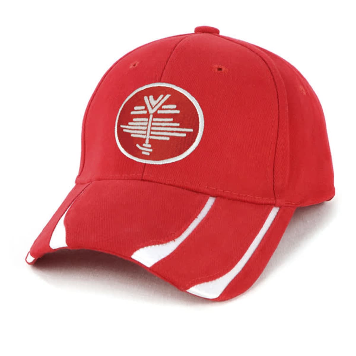 Red baseball cap with a circular white emblem on the front, featuring a stylized tree design.