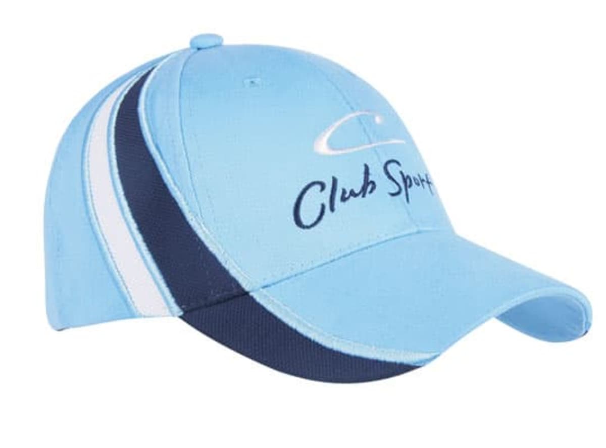 A light blue baseball cap with white and navy stripes on the side. The front features the text Club Sport in dark blue script and a stylized logo above it.