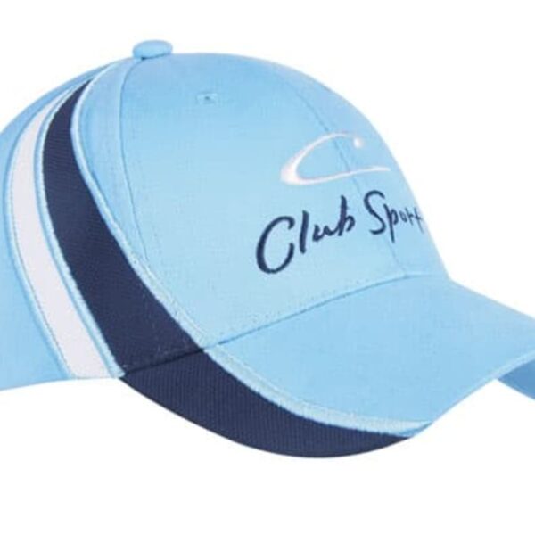 A light blue baseball cap with dark blue and white stripes along the side. The front features the text Club Sports in a stylish script.