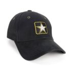 A black baseball cap with a yellow outline and white star embroidered on it. The cap features ventilation holes and a curved brim.