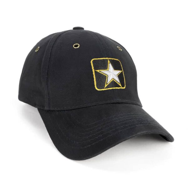 A black baseball cap with a yellow-bordered square and a white star embroidered on the front. The cap features eyelets for ventilation and a curved brim.