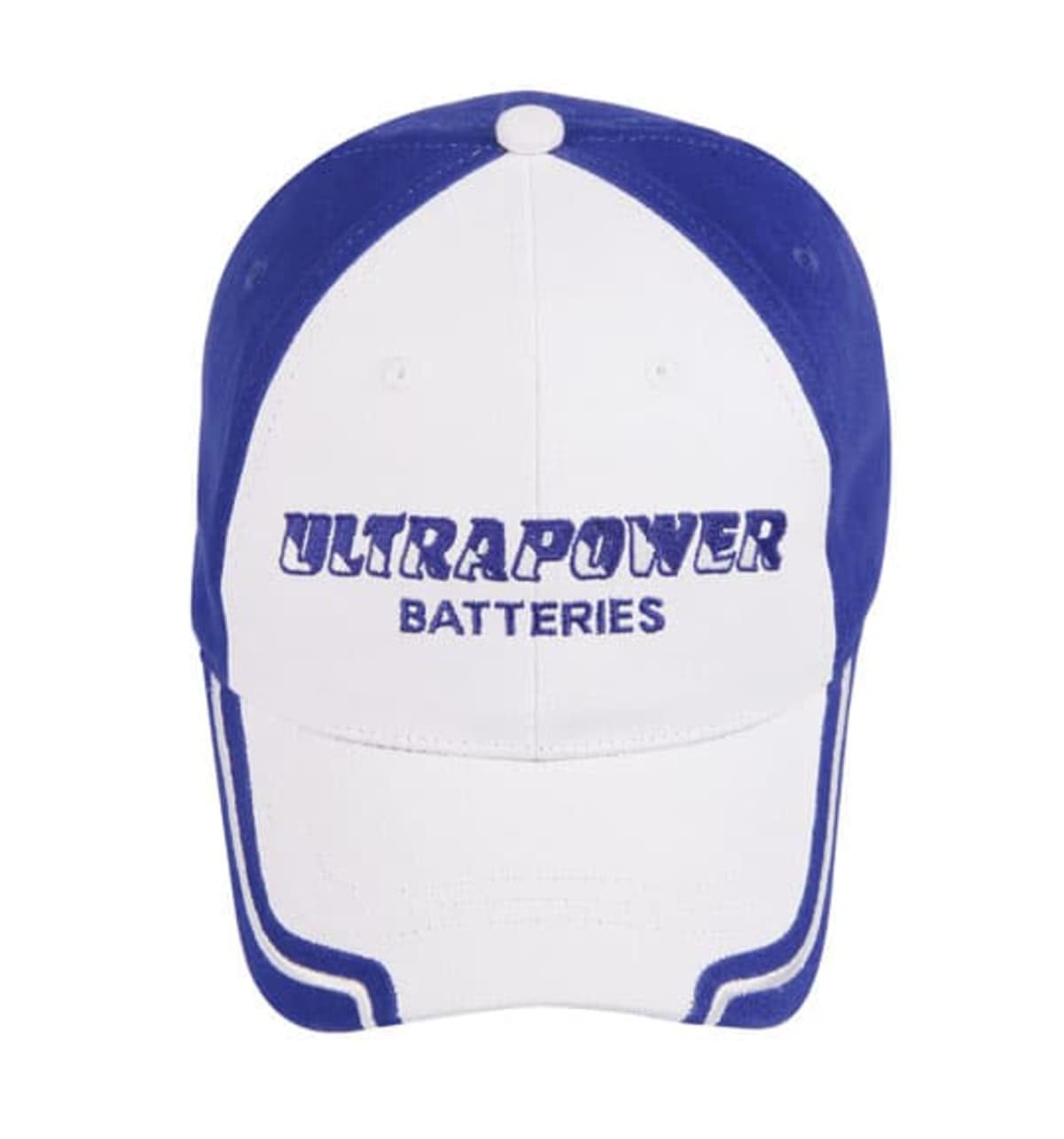 A blue and white baseball cap with the words ULTRAPOWER BATTERIES embroidered on the front. The cap features blue trim along the edges and a button on top.
