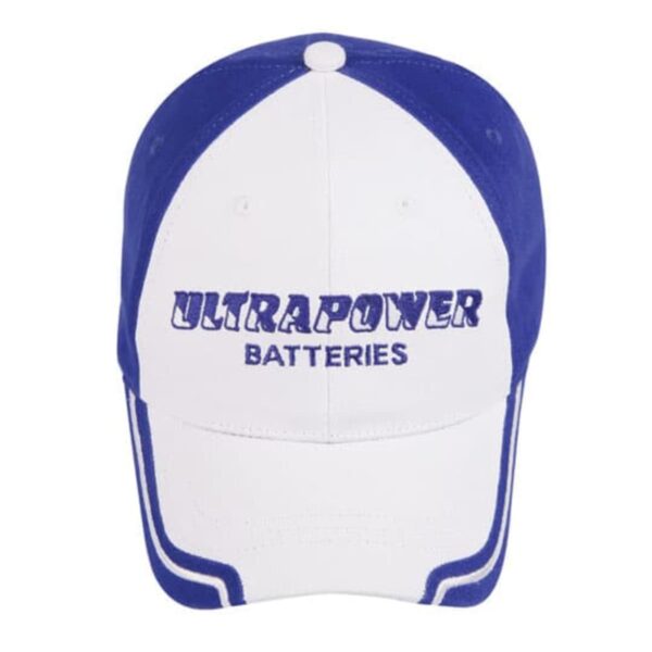 A white and blue baseball cap with ULTRAPOWER BATTERIES embroidered on the front in blue text. The cap features a white front panel with blue side panels and a blue brim with white detailing.