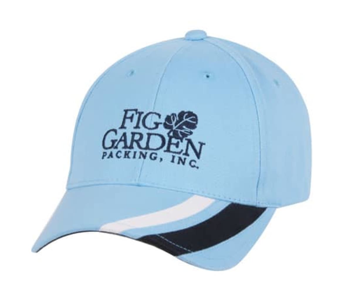 A light blue baseball cap with the logo Fig Garden Packing, Inc. embroidered in dark blue. The cap has a curved brim with white and black striped accents.