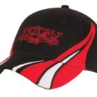 A black baseball cap with red and white accents features an intricate red embroidered design on the front.