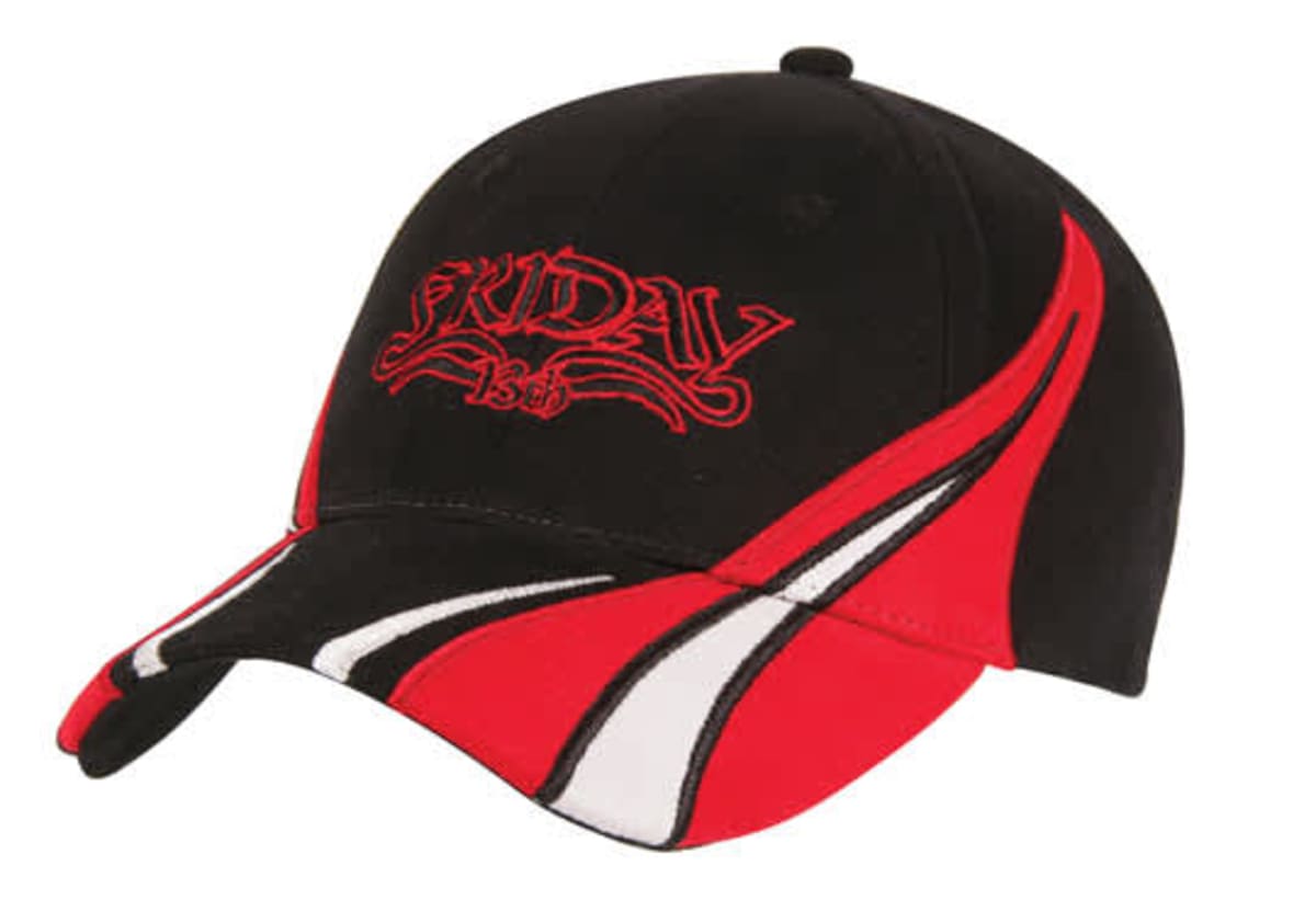 A black baseball cap with red and white accents features an intricate red embroidered design on the front.