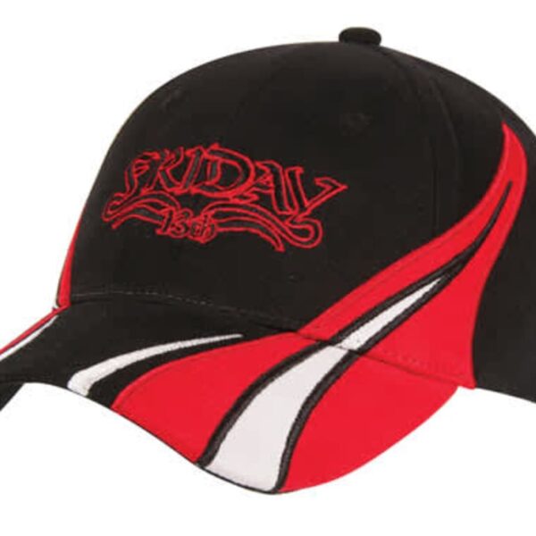 A black and red baseball cap with white accents, featuring red embroidery of the word Friday on the front. The design includes abstract curved patterns on the brim and sides.