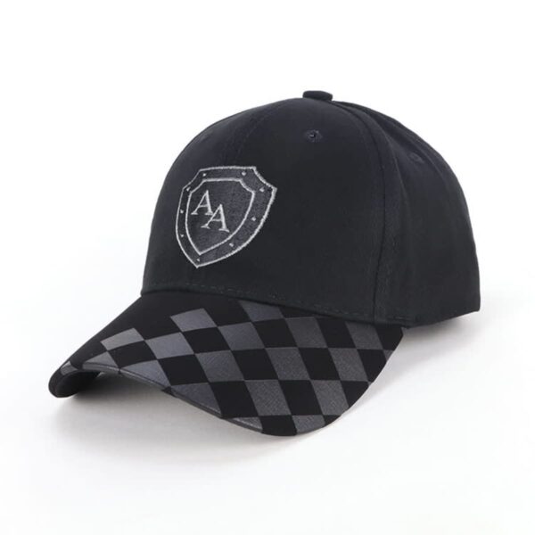 A black baseball cap featuring a shield emblem with AA stitched on the front. The brim has a black and gray checkered pattern.