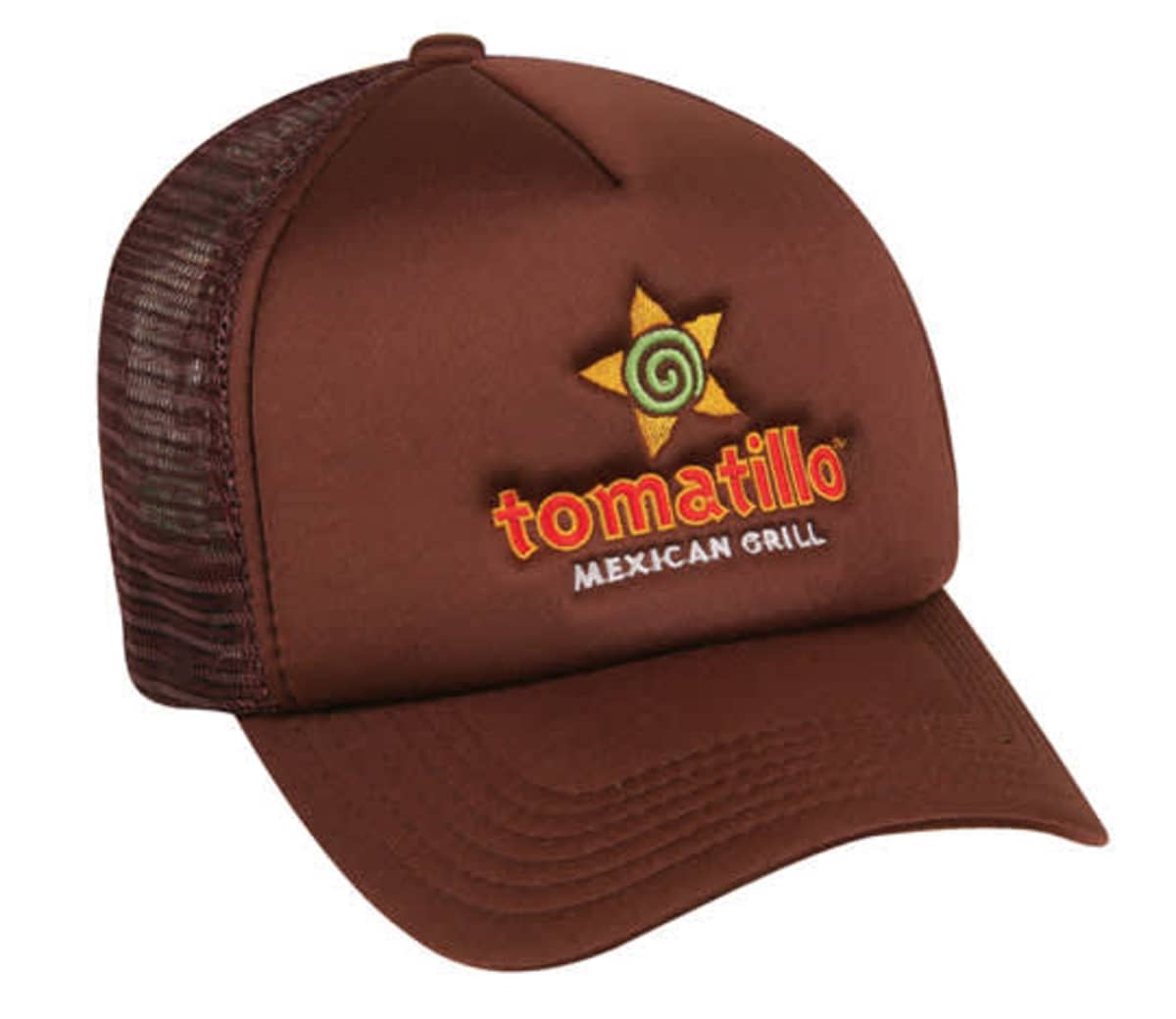 A brown trucker cap with a mesh back and a logo on the front. The logo features a stylized star with a swirl inside and the text tomatillo MEXICAN GRILL embroidered below it.