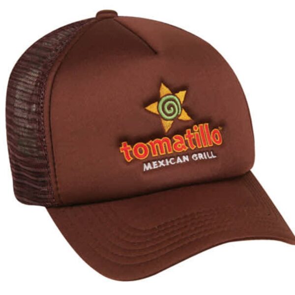 A brown trucker cap with a mesh back features the logo Tomatillo Mexican Grill on the front, with a star and swirl design above the text.