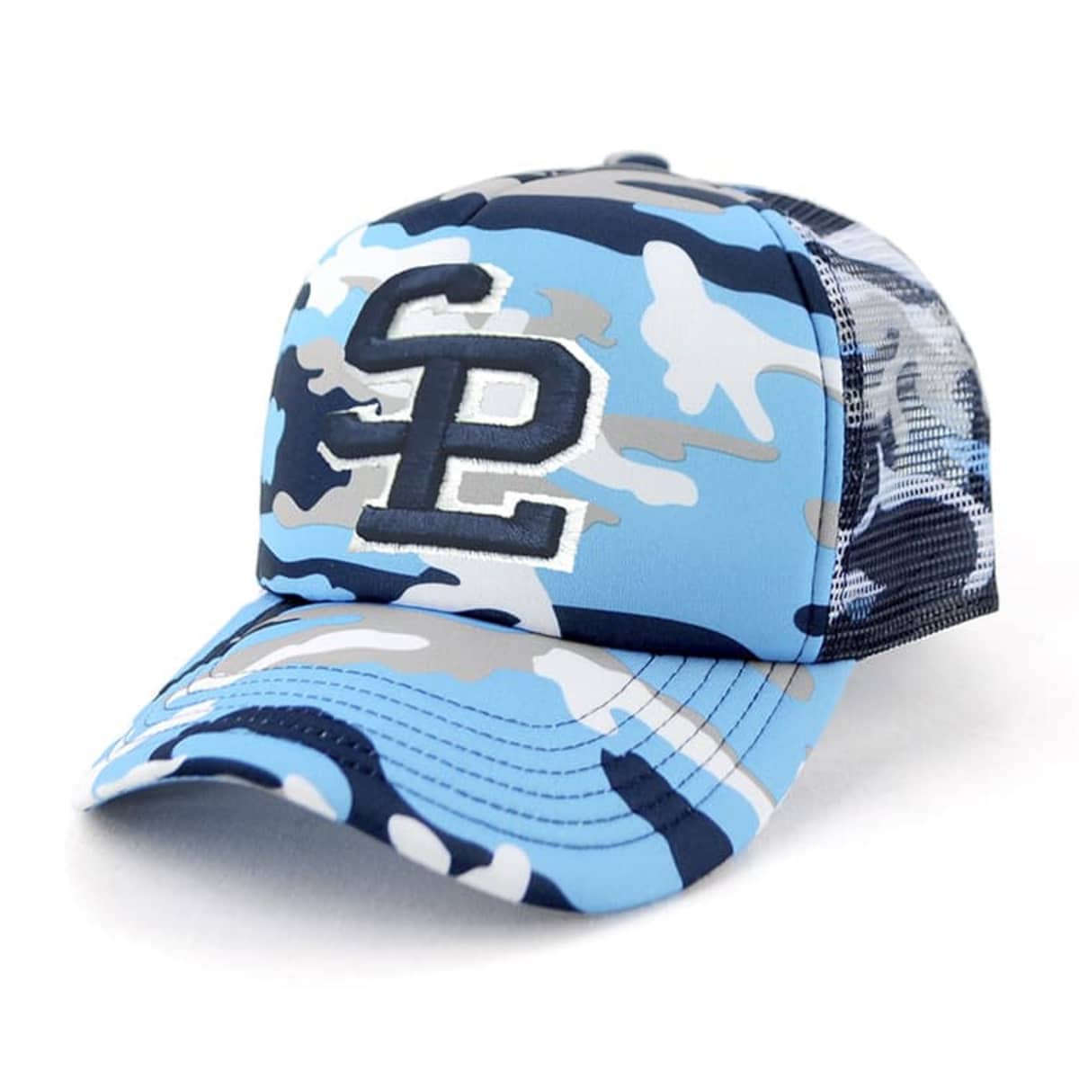 A blue, white, and gray camo baseball cap with SP letters on the front. The cap has a mesh back for ventilation.