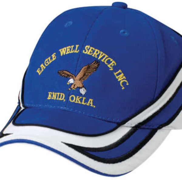 A blue baseball cap with a white brim features an embroidered eagle and the text Eagle Well Service, Inc., Enid, Okla.