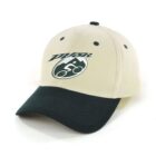 A beige baseball cap with a dark green brim. The front features a stylized logo of a cyclist and the text PTP.
