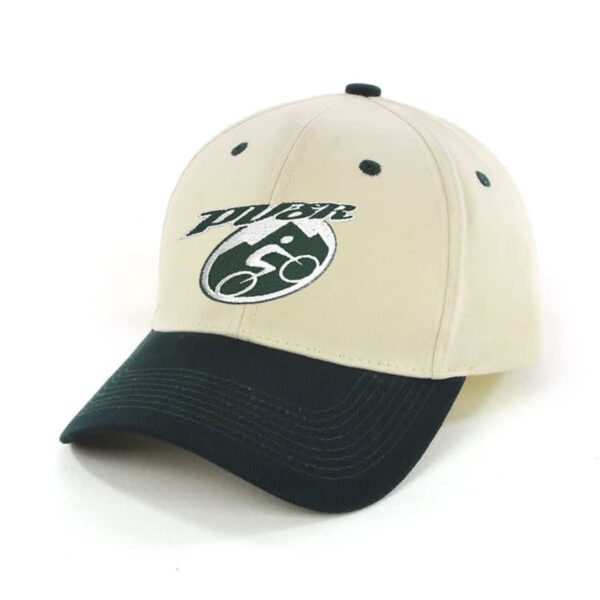 A beige baseball cap with a dark green brim and ventilation holes on top. It features an embroidered design of a cyclist and the word Power in dark green on the front.