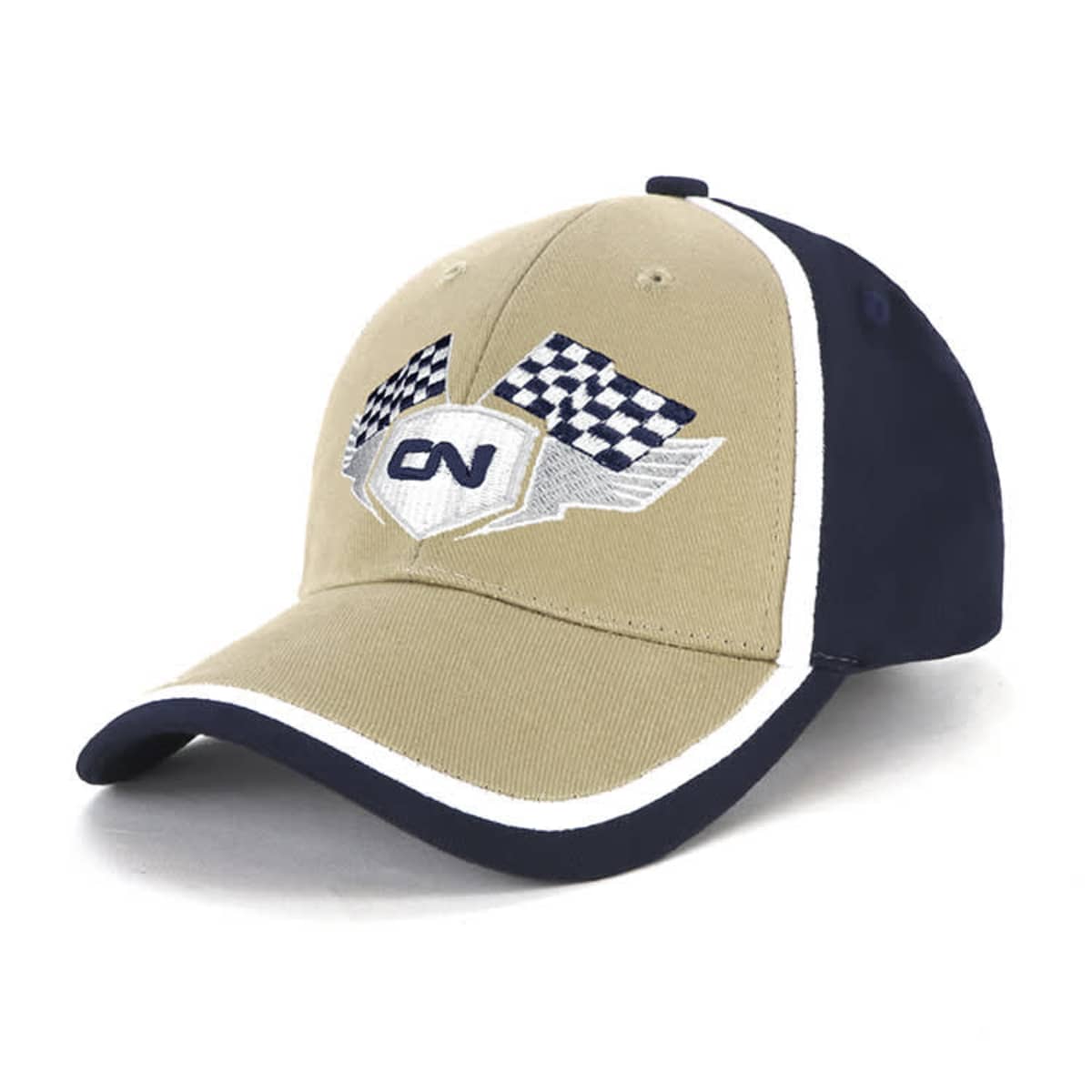 Beige and navy blue baseball cap featuring a checkered flag design with white embroidery on the front, and white accents along the brim and seams.