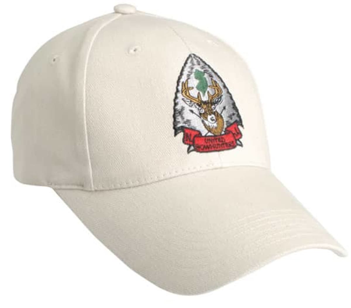 Beige baseball cap featuring a logo with a deer head inside a pointed emblem, accented by red banners with text. The emblem has a silhouette of a tree at the top.