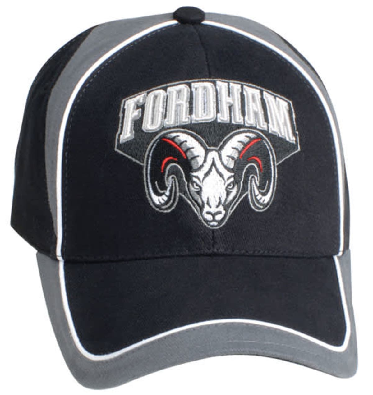 A black and gray baseball cap with the word FORDHAM and a rams head logo embroidered on the front. The cap features white trim around the panels and the brim.