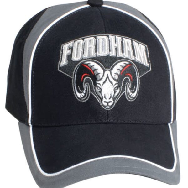 A black and gray baseball cap with FORDHAM embroidered in white letters above a detailed ram head logo. White piping outlines the edges of the cap.