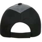The image shows the back view of a black baseball cap with a fabric strap and metal clasp for adjusting the fit. The cap has a central seam and eyelets for ventilation.