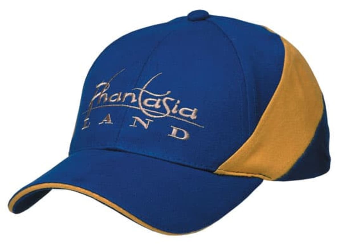 A blue and yellow baseball cap featuring the embroidered text Phantasialand on the front.