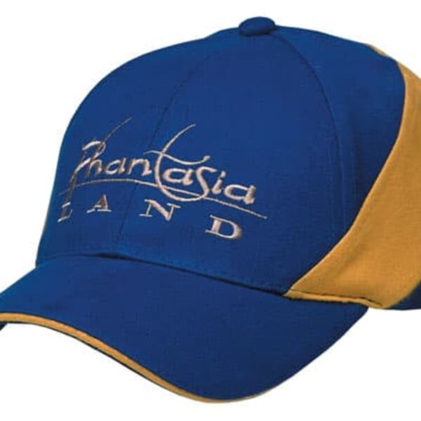 A blue and yellow baseball cap with the words Phantasialand embroidered on the front in white.