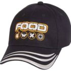 Black baseball cap with the word FOOD in large, white letters outlined in orange. Below the text are three icons: a wheat stalk, a crossed-out airplane, and a circle with waves. Silver and white stripes adorn the brim.