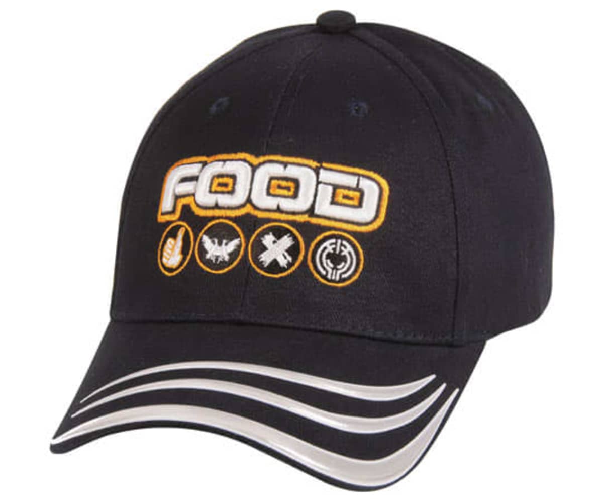 Black baseball cap with the word FOOD in large, white letters outlined in orange. Below the text are three icons: a wheat stalk, a crossed-out airplane, and a circle with waves. Silver and white stripes adorn the brim.