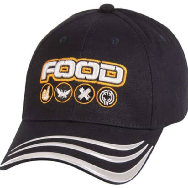 A black baseball cap featuring the word FOOD in bold letters with three circular icons below, depicting a fork and knife, crossed utensils, and a stylized food symbol. White curved stripes adorn the peak.