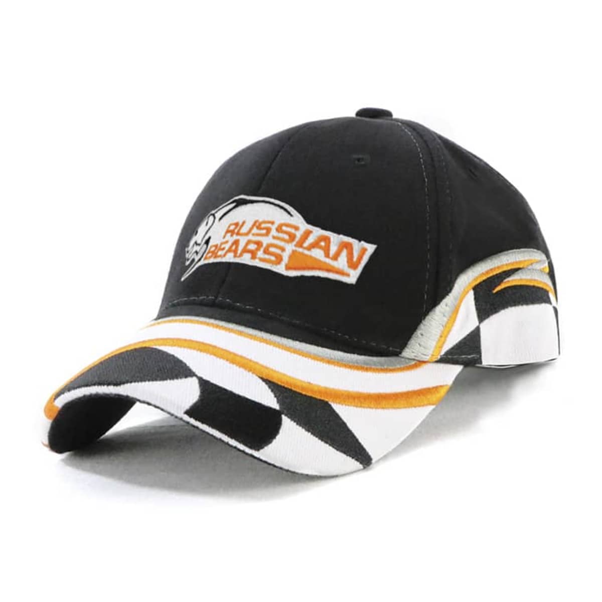 A black baseball cap with an embroidered Russian Bears logo in orange and white on the front. The brim features a black, white, and orange design with wavy stripes.